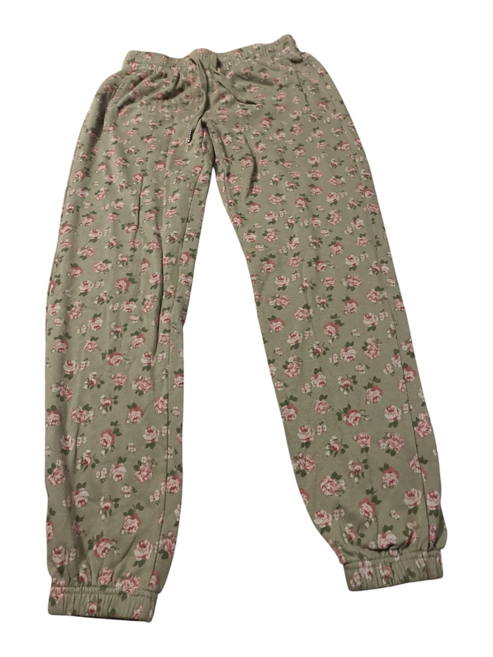 Woman’s Floral Jogger Pants - Green with Pink Rose Print